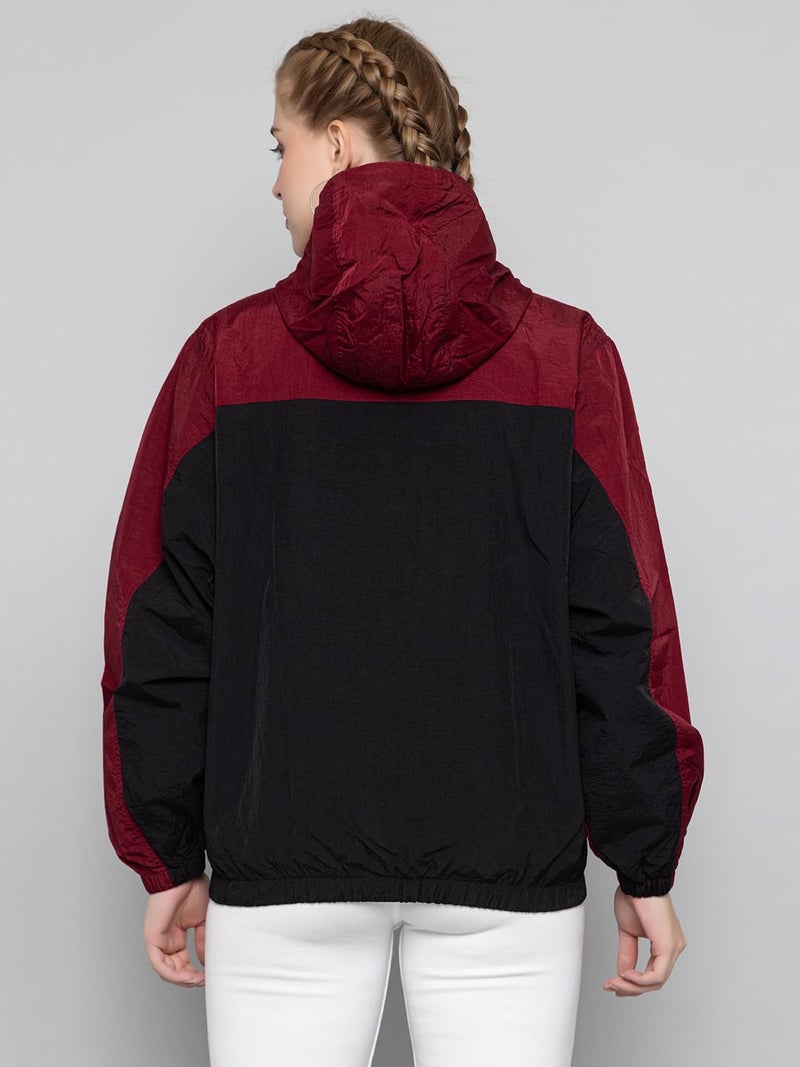 CHKOKKO Womens Stylish Oversized Windcheater Jacket with Zip Closure Lightweight Sportswear for Running Travel Hiking Outdoor and Rainy Season Wear WineBlack M - Image 2