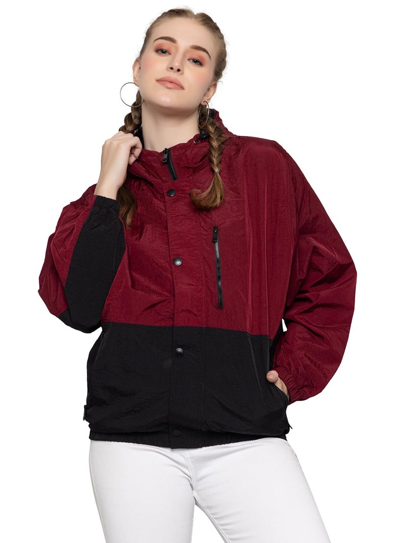 CHKOKKO Womens Stylish Oversized Windcheater Jacket with Zip Closure Lightweight Sportswear for Running Travel Hiking Outdoor and Rainy Season Wear WineBlack M - Image 1