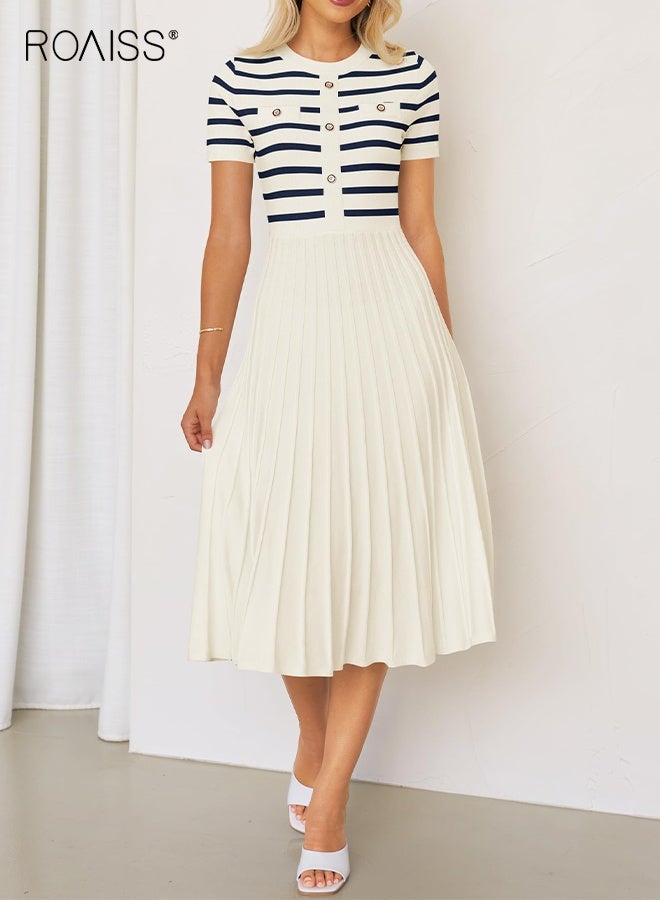 رويس فستان نسائي كاجوال مخطط متوسط الطول بياقة دائرية وأكمام قصيرة وأزرار محبوكة مضلعة وكسرات متأرجحة على شكل حرف A، فستان مناسب للعطلات بخصر مرتفع للسيدات - Image 5