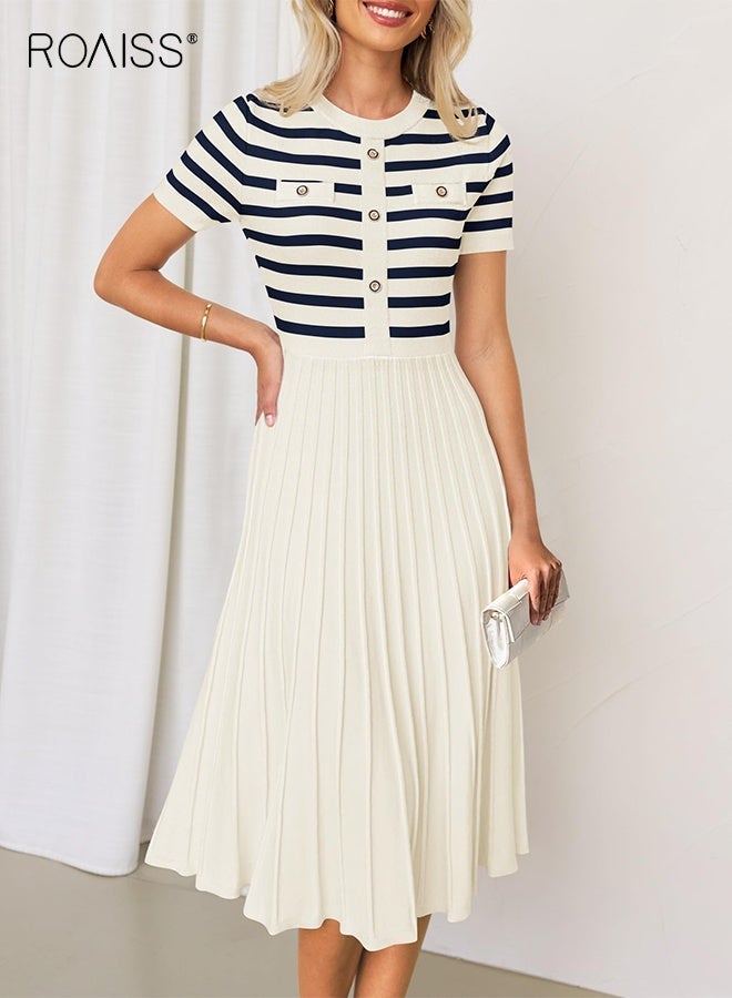 رويس فستان نسائي كاجوال مخطط متوسط الطول بياقة دائرية وأكمام قصيرة وأزرار محبوكة مضلعة وكسرات متأرجحة على شكل حرف A، فستان مناسب للعطلات بخصر مرتفع للسيدات - Image 1