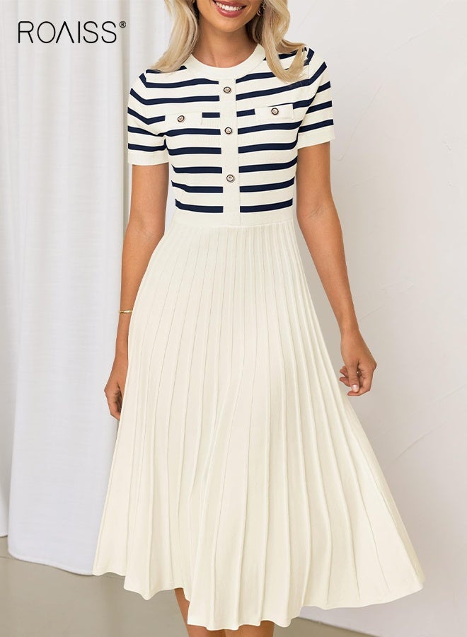 رويس فستان نسائي كاجوال مخطط متوسط الطول بياقة دائرية وأكمام قصيرة وأزرار محبوكة مضلعة وكسرات متأرجحة على شكل حرف A، فستان مناسب للعطلات بخصر مرتفع للسيدات - Image 4