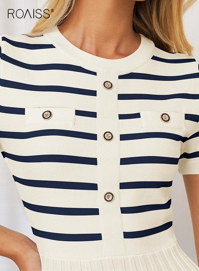 رويس فستان نسائي كاجوال مخطط متوسط الطول بياقة دائرية وأكمام قصيرة وأزرار محبوكة مضلعة وكسرات متأرجحة على شكل حرف A، فستان مناسب للعطلات بخصر مرتفع للسيدات - Image 3