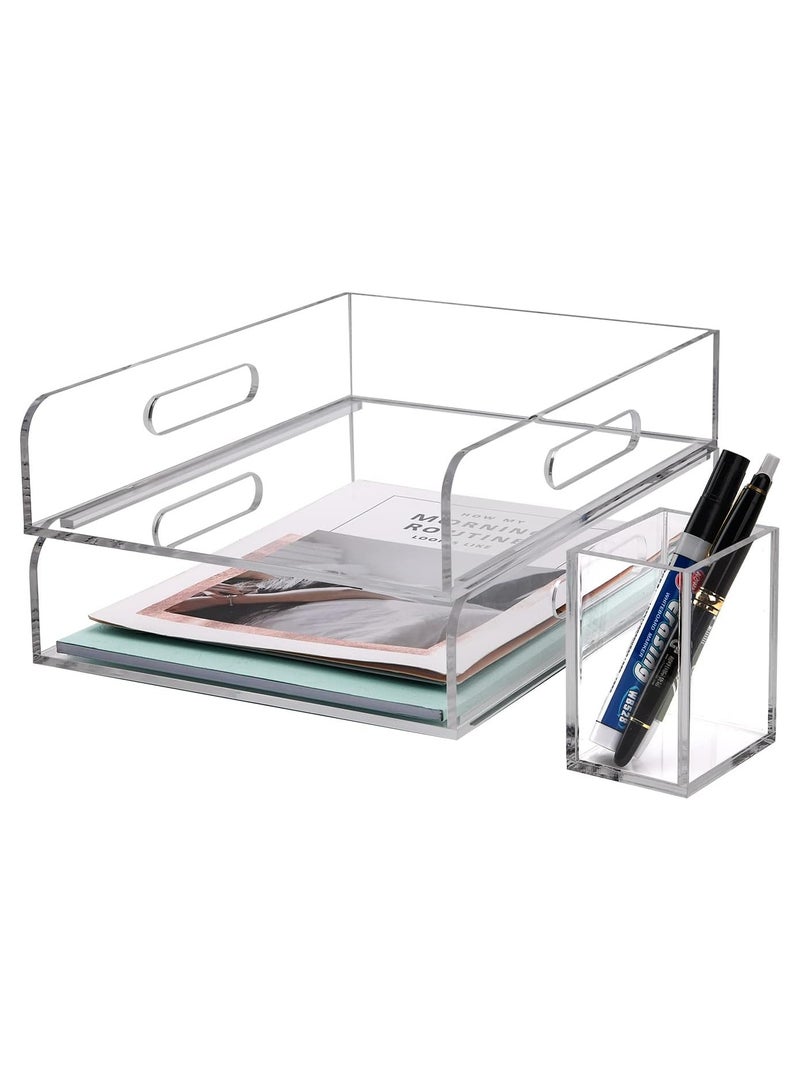 TPGP Clear Acrylic Organizer Tray - 2 Tier Stackable Office File Storage, Split Type Can be Pulled Out, Storage Drawers for Letter/A4 Paper/Magazine (2 Tray Vertical) - Image 1
