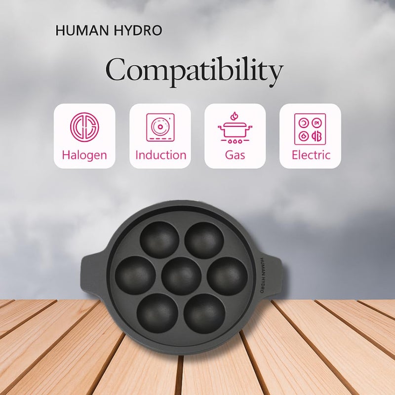 Human Hydro مقلاة بانيارام من الحديد الزهر مسبقة التتبيل (7 فتحات) مع غطاء ومغرفة خشبية | غير لاصقة بشكل طبيعي، متوافقة مع الحث والغاز | أدوات الطهي للبادو، الأبا، كوزي بانيارام والمزيد - Image 3