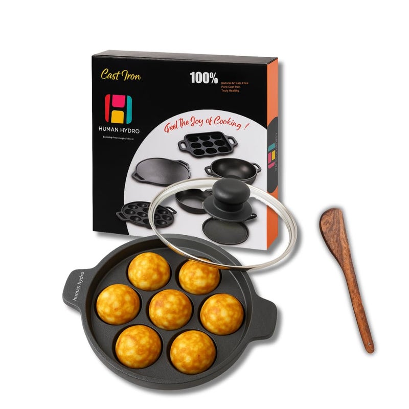 Human Hydro مقلاة بانيارام من الحديد الزهر مسبقة التتبيل (7 فتحات) مع غطاء ومغرفة خشبية | غير لاصقة بشكل طبيعي، متوافقة مع الحث والغاز | أدوات الطهي للبادو، الأبا، كوزي بانيارام والمزيد - Image 1