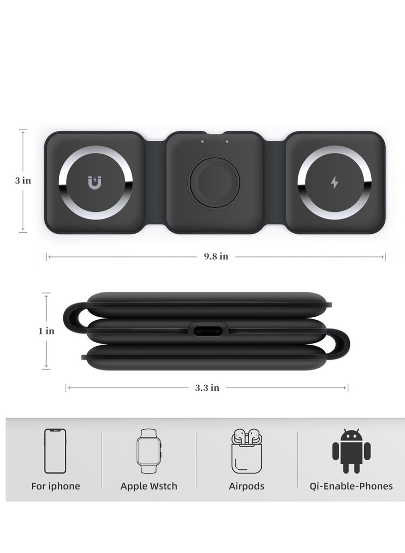 Beauenty NEW 3-in-1 Foldable Magnetic Wireless Charger – 15W Mag-Safe Charging Station for iPhone, Apple Watch, and AirPods (Black) - Image 3