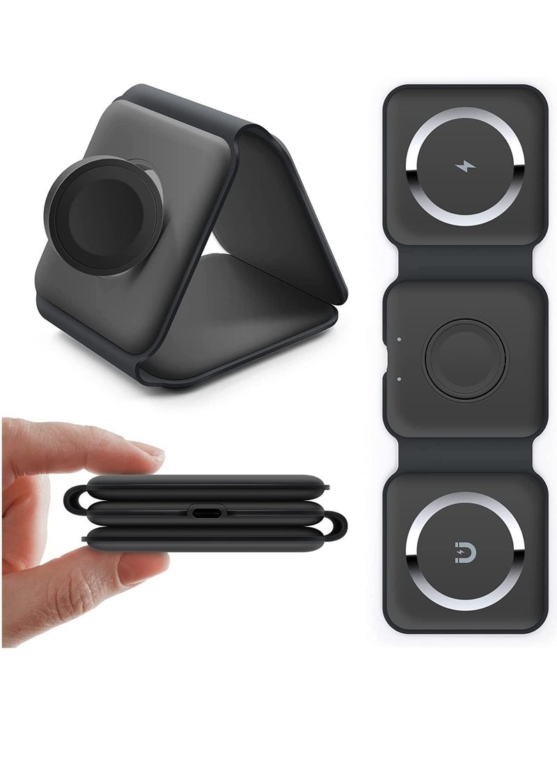 Beauenty NEW 3-in-1 Foldable Magnetic Wireless Charger – 15W Mag-Safe Charging Station for iPhone, Apple Watch, and AirPods (Black) - Image 1