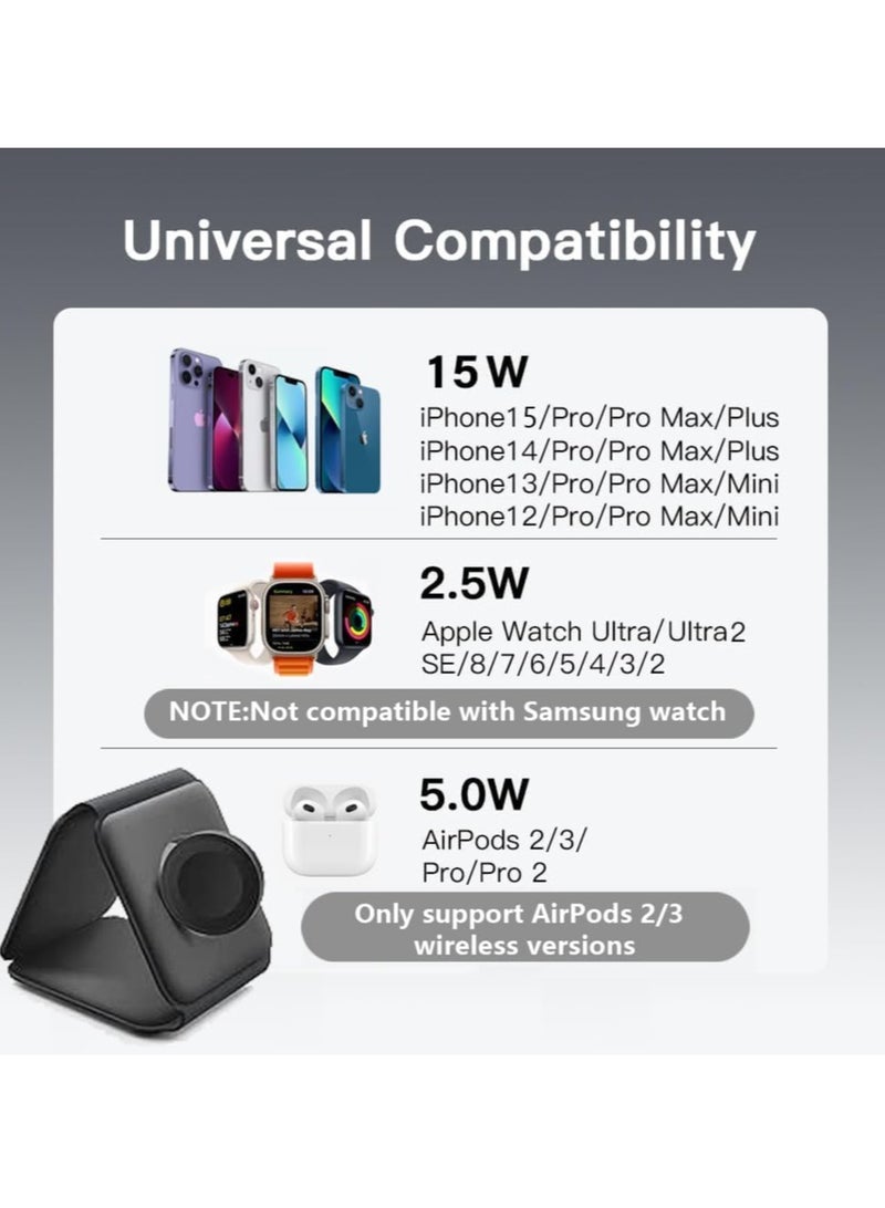 Beauenty NEW 3-in-1 Foldable Magnetic Wireless Charger – 15W Mag-Safe Charging Station for iPhone, Apple Watch, and AirPods (Black) - Image 2