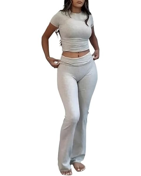 COPYLEAF Two Piece Lounge Sets for Women Fold Over Flare Pants Short Sleeve Crop Top Y2k Outfits Matching Set Tracksuit(Light Grey L) - Image 1