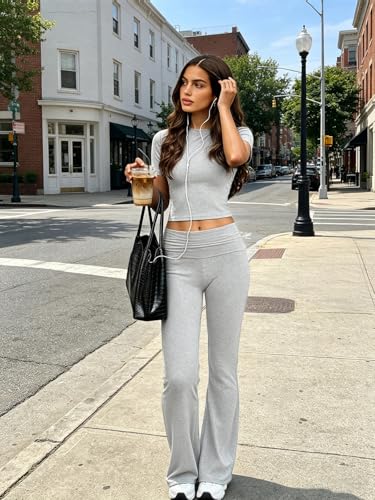 COPYLEAF Two Piece Lounge Sets for Women Fold Over Flare Pants Short Sleeve Crop Top Y2k Outfits Matching Set Tracksuit(Light Grey L) - Image 2