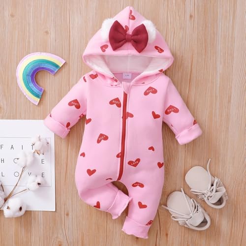 BRANDONN Kids Baby Cotton Fleece Jumpsuit Romper Onesie Sleep Suit Hooded Semi Winter Zipper (Pink & Red, 9-12 Months) - Image 2