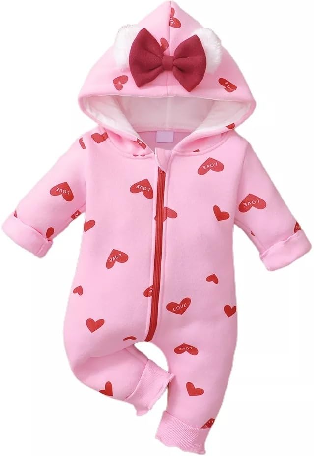 BRANDONN Kids Baby Cotton Fleece Jumpsuit Romper Onesie Sleep Suit Hooded Semi Winter Zipper (Pink & Red, 9-12 Months) - Image 1