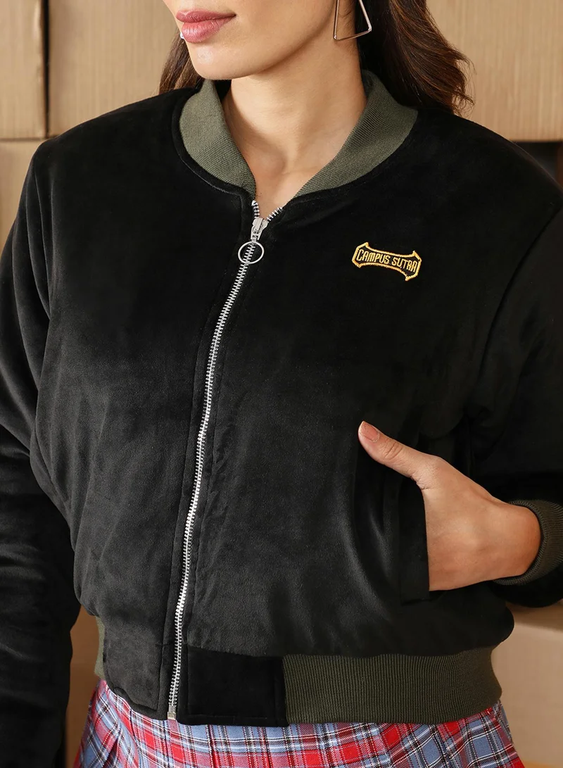 كامبوس سوترا Women's Onyx Black Velvet Bomber Jacket