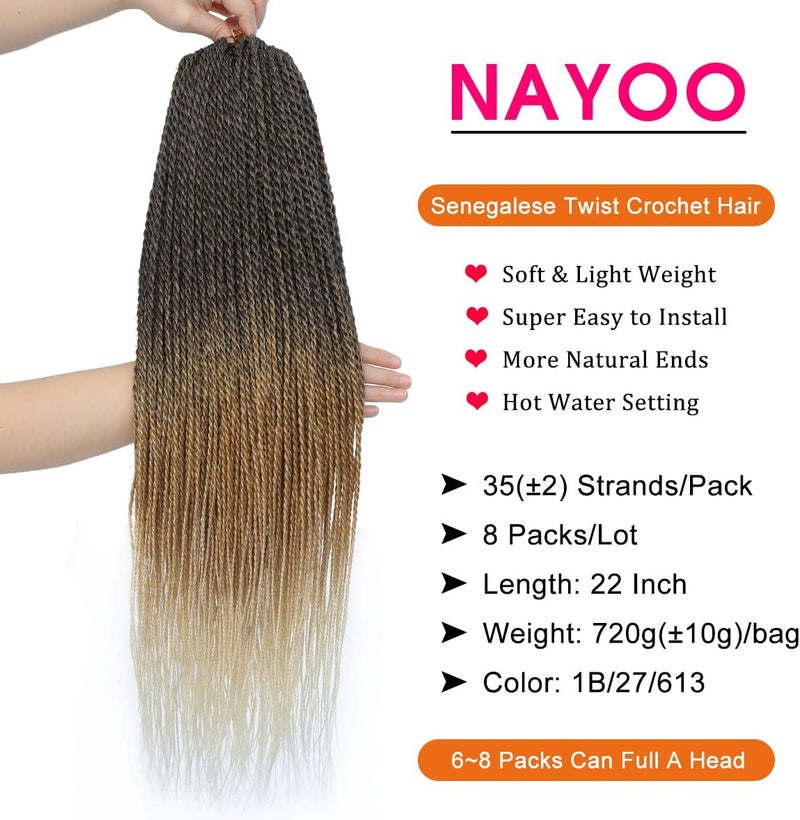 NAYOO Small Crochet Hair Senegalese Twist, 22 Inch 8 Packs Ombre Crochet Hair for Black Women, 35 Strands/Pack Braids Crochet Hair, Twist Crochet Hair Hot Water Setting (22 Inch, 1B/27/613) - Image 3