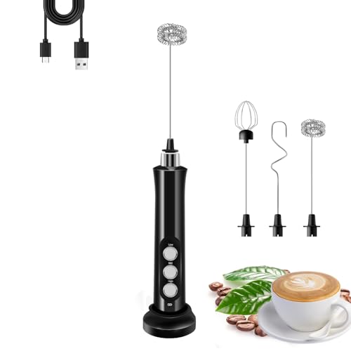 Styuanmmy Rechargeable Milk Frother Handheld with 3 Detachable Stainless Steel Whisks 3 Speed Adjustable Electric Whisk Foam Maker Handheld Drink Mixer Frother Wand for Coffee with Storage and Charging Base - Image 1