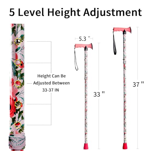 CLOKTA Walking Cane for Men and Women Foldable Floral Lightweight Adjustable Portable for Folding Canes Comfortable THandle for Seniors Adults Pink Floral - Image 5