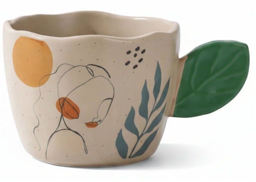 Premium 360ml Porcelain Coffee Mug with Abstract Line Art Design and Ergonomic Green Leaf Handle - Beige & Earthy Tones