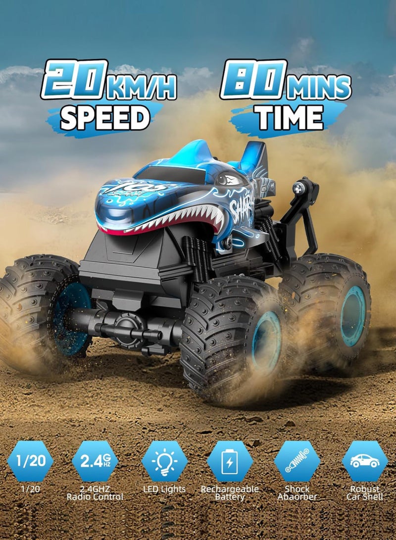 أوربازار سيارة الوحش التي تعمل بجهاز تحكم عن بعد، شاحنة الوحش التي تعمل بجهاز تحكم عن بعد بتردد 2.4 جيجاهرتز لجميع التضاريس، سيارة الوحش التي تعمل بجهاز تحكم عن بعد على شكل ديناصور، شاحنة الوحش التي تعمل بجهاز تحكم عن بعد مع موسيقى وبخاخ للأولاد من سن 4-7 و8-12 عامًا وهدية عيد ميلاد للبنات (أزرق سماوي) - Image 4