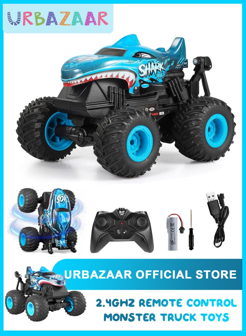 أوربازار سيارة الوحش التي تعمل بجهاز تحكم عن بعد، شاحنة الوحش التي تعمل بجهاز تحكم عن بعد بتردد 2.4 جيجاهرتز لجميع التضاريس، سيارة الوحش التي تعمل بجهاز تحكم عن بعد على شكل ديناصور، شاحنة الوحش التي تعمل بجهاز تحكم عن بعد مع موسيقى وبخاخ للأولاد من سن 4-7 و8-12 عامًا وهدية عيد ميلاد للبنات (أزرق سماوي) - Image 1