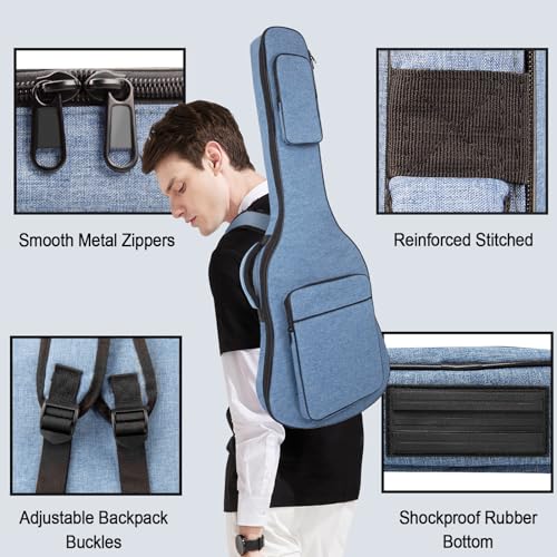 MUZTOP 39 Inch Electric Guitar Bag Soft Guitar Case, 11 MM Thick Padded Electric Guitar Gig Bag Waterproof Guitar Backpack with Pockets, Blue - Image 3