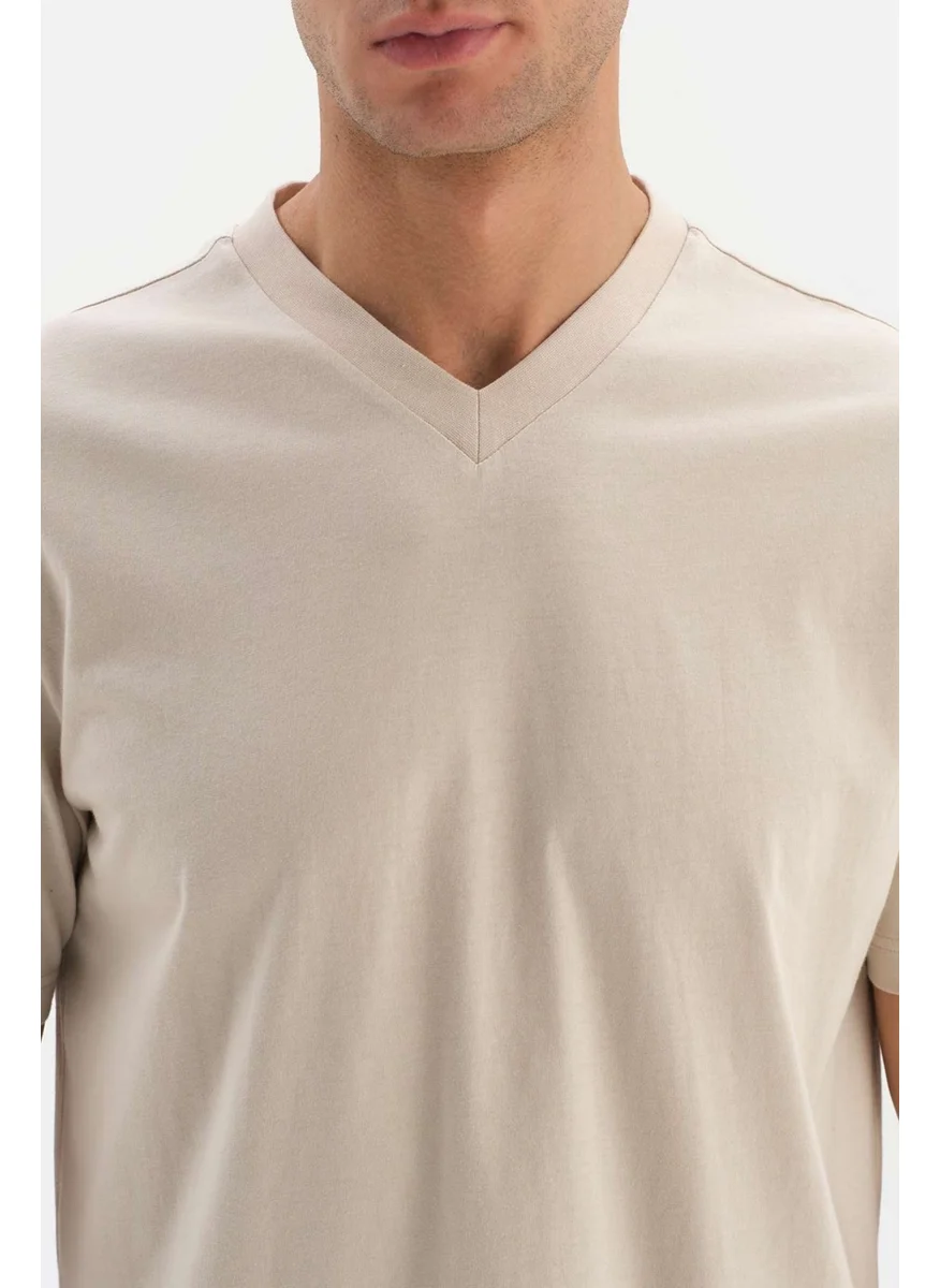 داجي Beige V-Neck Basic Supima T-Shirt
