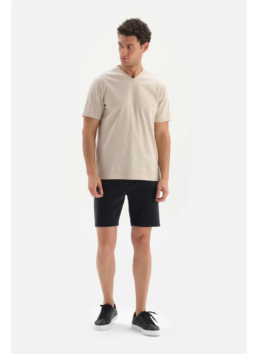 داجي Beige V-Neck Basic Supima T-Shirt