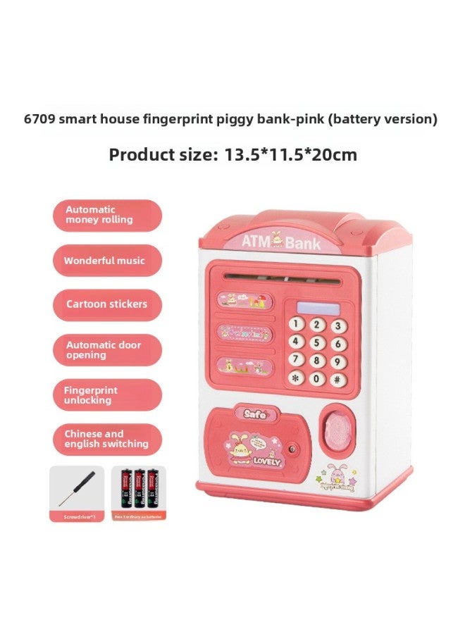 Children's Simulation Password Fingerprint Induction Unlocking Piggy Bank Electric Sound And Light Automatic Money Rolling Safe Toy-Color:Cartoon Fingerprint Unlock Piggy Bank [pink]-battery Version - Image 1