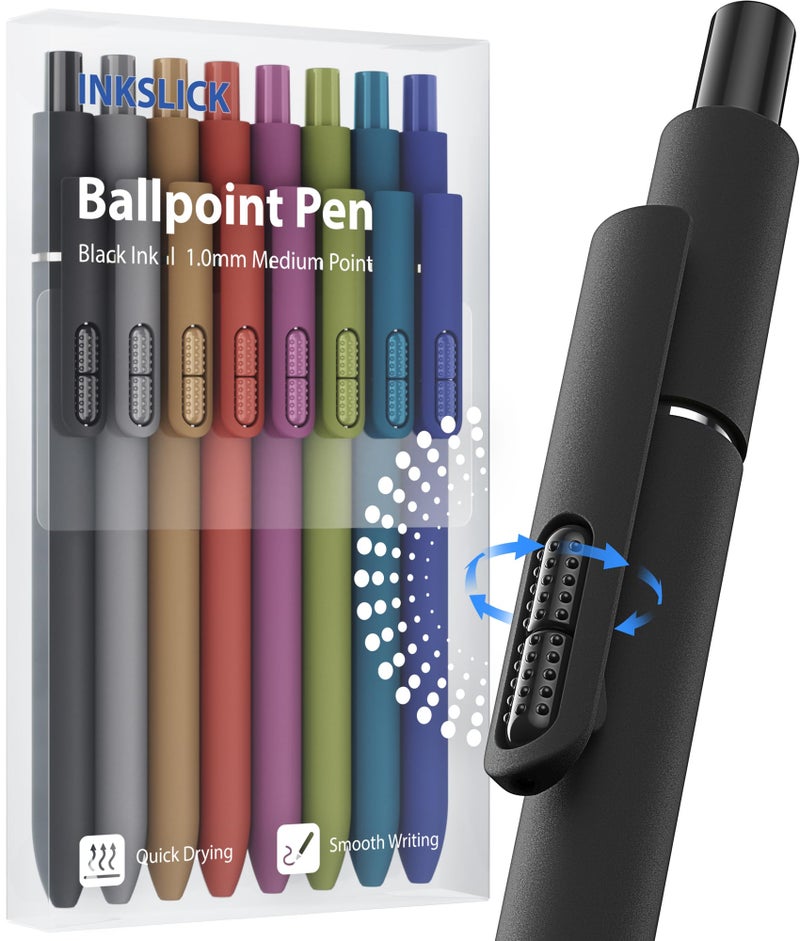 InkSlick 8 Pcs Black Ballpoint Pens - 1.0mm Medium Point Smooth Writing Black Ink Ball Point Pens | High-end Long Lasting Retractable Pen for School, Home, Office (Vintage-8pcs) - Image 1