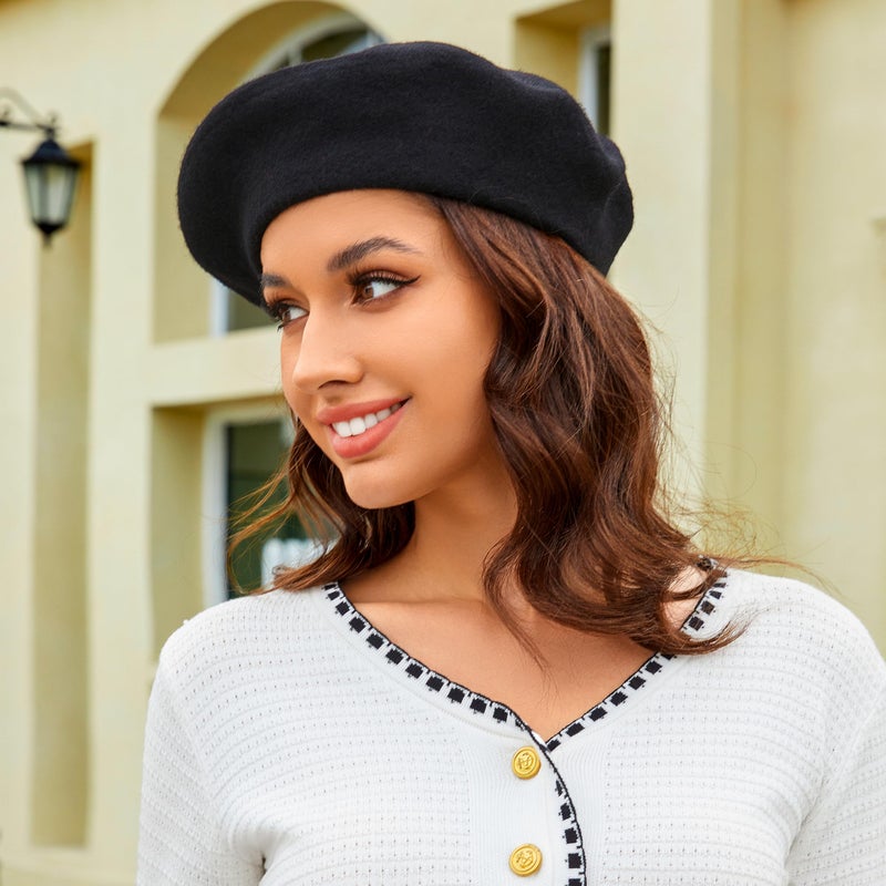 Wheebo Wool Beret Hat,Solid Color French Style Winter Warm Cap for Women Girls(Black) - Image 4