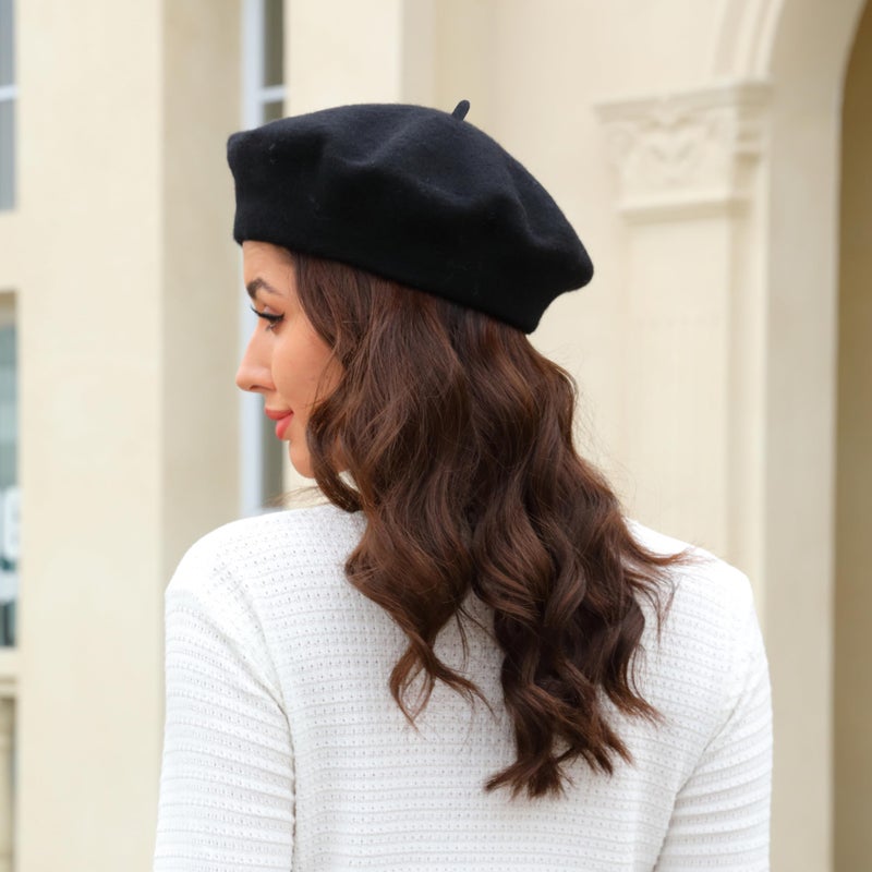 Wheebo Wool Beret Hat,Solid Color French Style Winter Warm Cap for Women Girls(Black) - Image 5