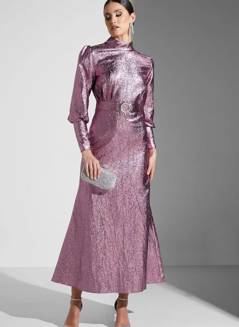 Namshi x Farah Hassan Shimmer Detail Belted Dress