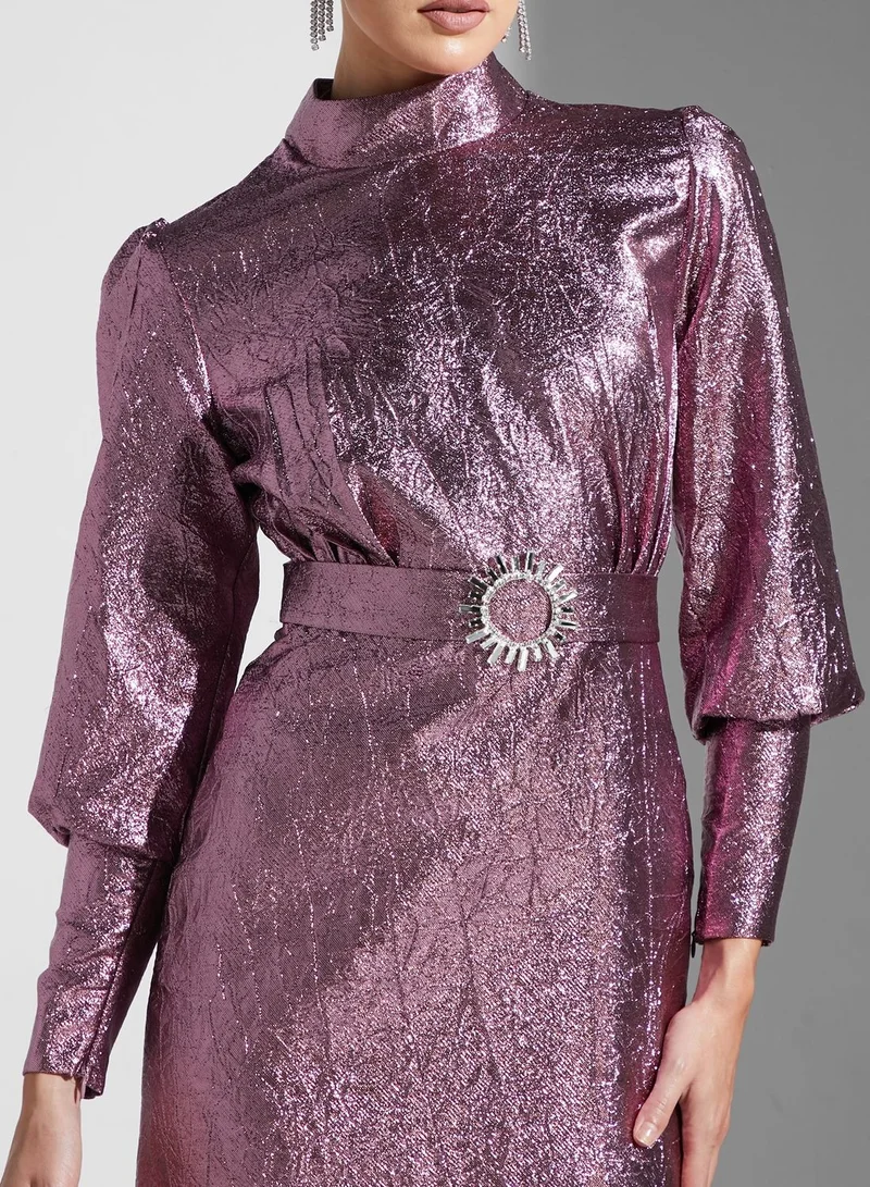 Namshi x Farah Hassan Shimmer Detail Belted Dress