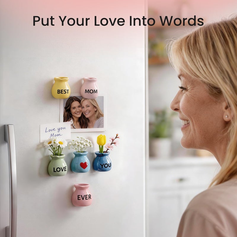 Cacukap Mother's Gifts for Mom Birthday Gifts from Daughter Son - 6 Pcs Refrigerator Magnets - Mini Vase Magnets for Fridge with Artificial Flowers, Christmas Valentines Day Gifts for Moms - Image 2