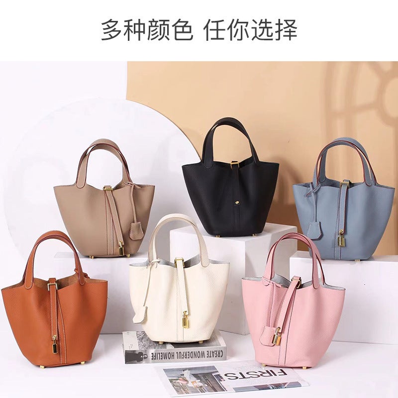 High-Definition Version First Layer Cowhide Bucket Bag 2023 New Leather Food Basket Women'S Bag Commuter Handbag Handbag - Image 3