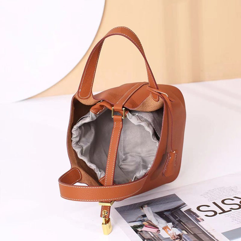 High-Definition Version First Layer Cowhide Bucket Bag 2023 New Leather Food Basket Women'S Bag Commuter Handbag Handbag - Image 4