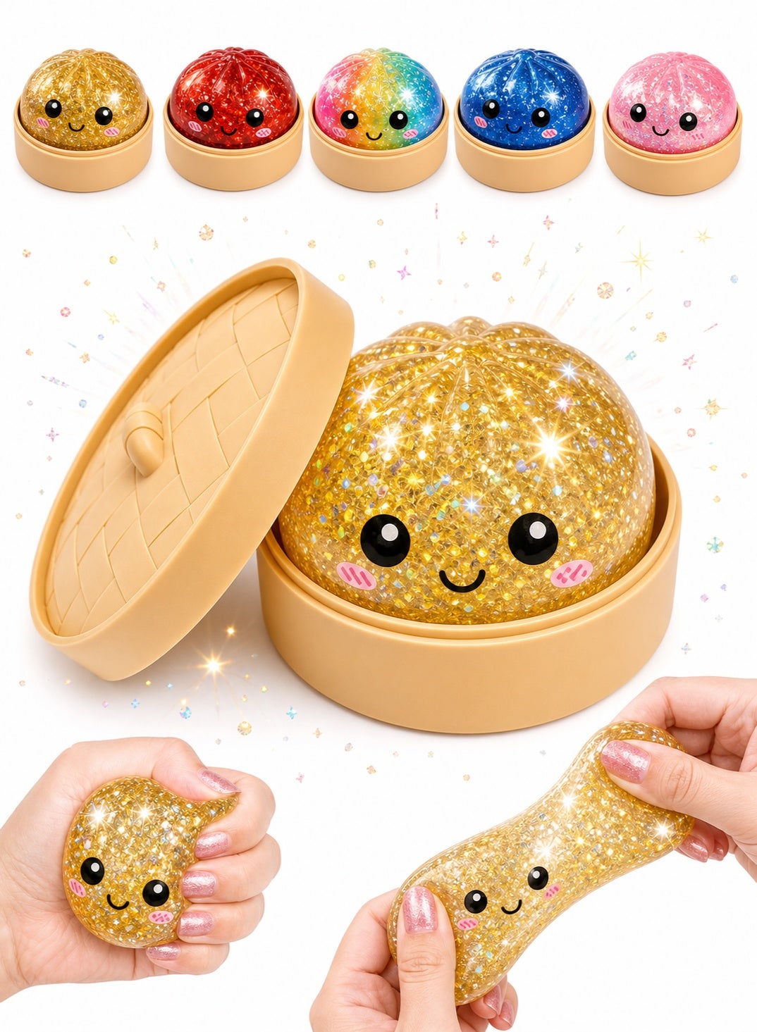 Dumpling Glitter Squishy Stress Ball with Bamboo Steamer Basket, Kawaii Mochi Fidget Toy for Kids Adults, Anti-Anxiety Sensory Squeeze Bao Bun, Random Mystery Color – Pack of 1