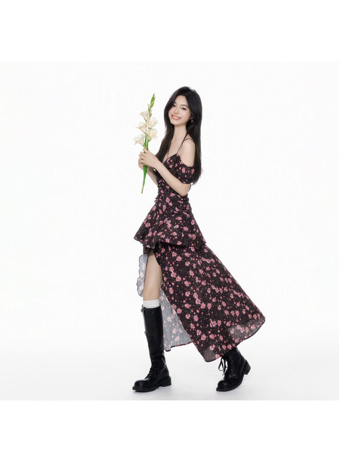EPTISON Women's Sleeveless Dress 2025 Summer New Fashion Split Design Floral Rose Print Chiffon Dress With Ruffles - Image 4