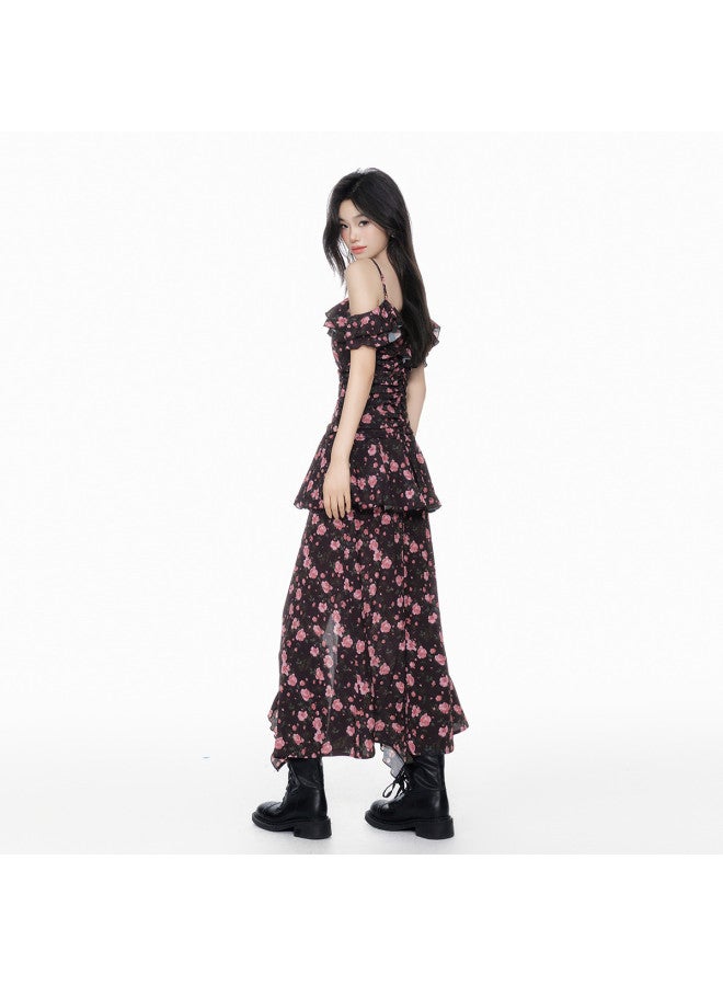 EPTISON Women's Sleeveless Dress 2025 Summer New Fashion Split Design Floral Rose Print Chiffon Dress With Ruffles - Image 5