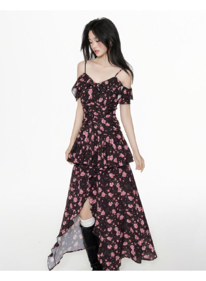 EPTISON Women's Sleeveless Dress 2025 Summer New Fashion Split Design Floral Rose Print Chiffon Dress With Ruffles - Image 1