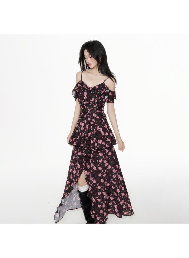 EPTISON Women's Sleeveless Dress 2025 Summer New Fashion Split Design Floral Rose Print Chiffon Dress With Ruffles - Image 2