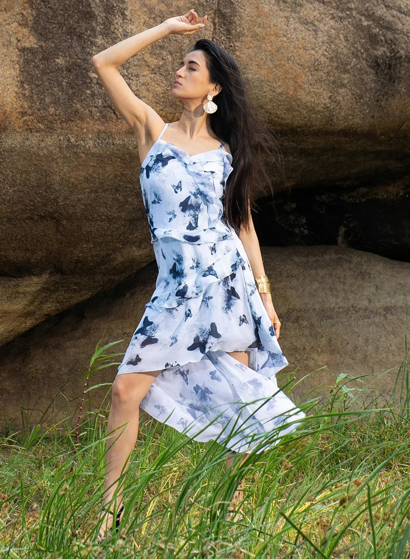 PINACOLADA Women's Navy Blue Blurry Butterfly Dress For Casual Wear | Sweetheart Neck | Sleeveless | Zipper Closure | Dress Designed With Comfortable Fit For Woman & Girls