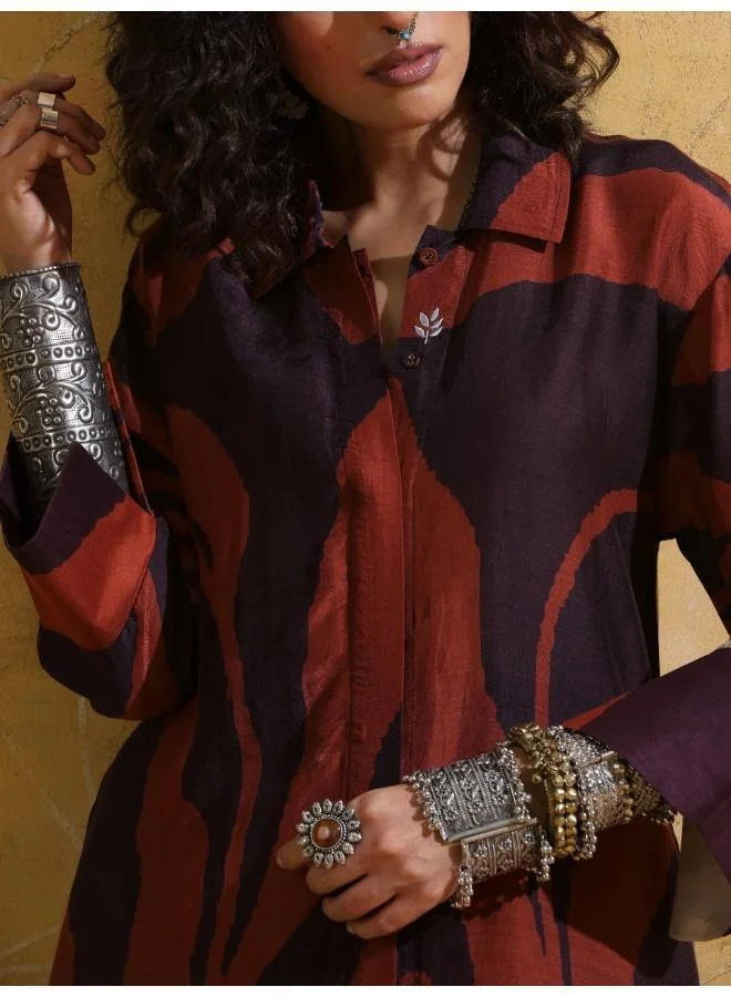 trueBrowns  trueBrowns Cola Rust Red Floral Print Muslin Silk Straight Kurta Set for Women | Best Price UAE