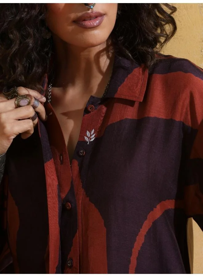 trueBrowns  trueBrowns Cola Rust Red Floral Print Muslin Silk Straight Kurta Set for Women | Best Price UAE