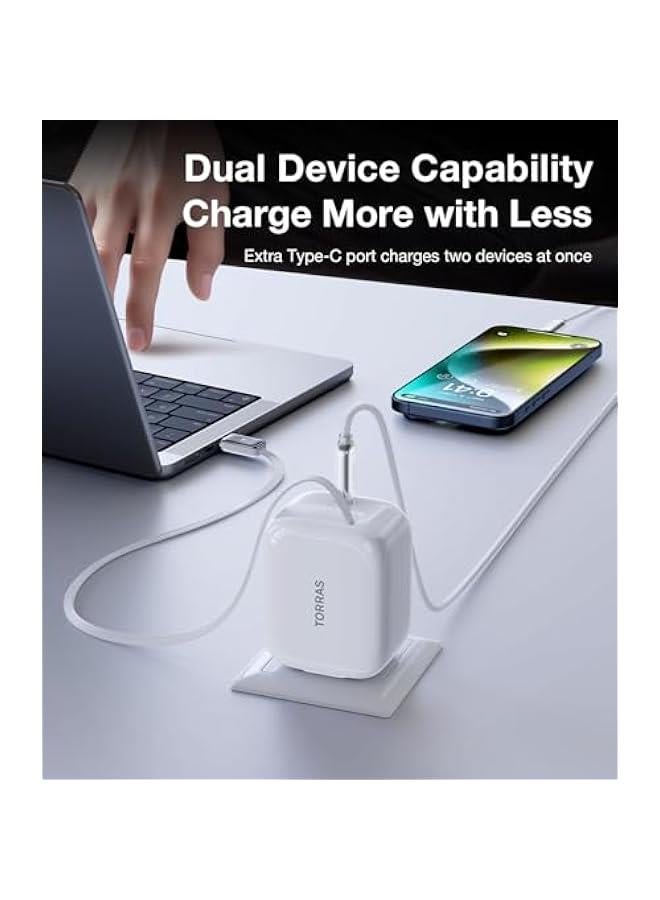 أنكوفو TORRAS FlexLine 40W for iPhone 16 Charger, Dual-Port USB C Charger Block with Retractable Cable, Travel Charger for iPhone Charger Fast Charging, Type C Charger for iPhone 15 with Foldable Plug - Image 5