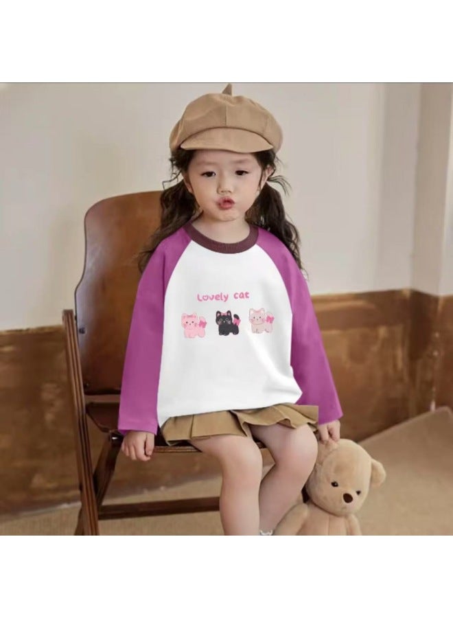 Girls' Pure Cotton T-shirt, Trendy New Style, Children's Spring And Autumn Baby Versatile Long Sleeved Bottom Splicing Top, Autumn Outfit