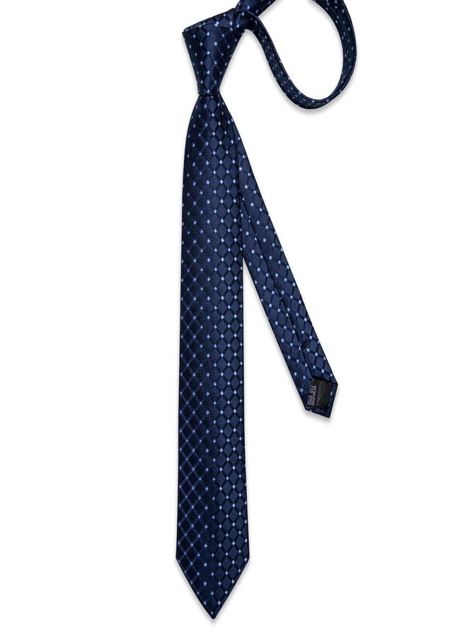 DiBanGu Plaid Ties for Men Silk Checkered Necktie and Pocket Square Cufflinks Tie Clip Set with Gift Box for Wedding Business, Dark Blue - Image 4