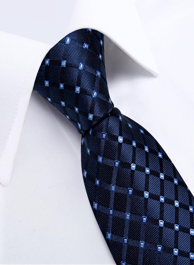 DiBanGu Plaid Ties for Men Silk Checkered Necktie and Pocket Square Cufflinks Tie Clip Set with Gift Box for Wedding Business, Dark Blue - Image 5