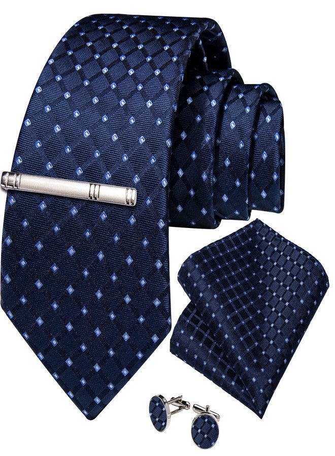 DiBanGu Plaid Ties for Men Silk Checkered Necktie and Pocket Square Cufflinks Tie Clip Set with Gift Box for Wedding Business, Dark Blue - Image 3