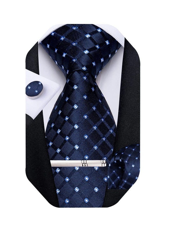 DiBanGu Plaid Ties for Men Silk Checkered Necktie and Pocket Square Cufflinks Tie Clip Set with Gift Box for Wedding Business, Dark Blue - Image 1