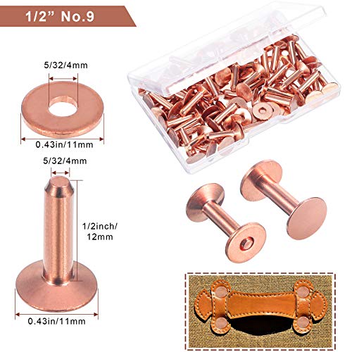 Hotop 50 Sets Copper Rivets and Burrs, Copper Rivets for Leather Pure Copper Rivet Setting Tool for Belts Wallets Collars Leather DIY Craft Supplies (1/2 Inch, Size 9) - Image 2
